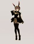  1girl absurdres animal_ears bodysuit breasts brown_hair closed_eyes commission corruption full_body grey_background hand_on_own_chest highres medium_breasts original rabbit_ears rabbit_girl rabbit_tail shen_hai_ichigo short_hair skin_tight solo standing tail variant_set 