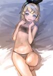  absurdres bed_sheet black_bow black_hairband blonde_hair blue_eyes bow bow_hairband bra breasts brown_bra brown_panties brown_tube_top collarbone emuou hair_ornament hairband hairclip hand_on_own_cheek hand_on_own_chin hand_on_own_face highres kagamine_rin leg_up light_blush looking_at_viewer lying midriff navel on_back on_bed panties small_breasts smile strapless tube_top underwear vocaloid 