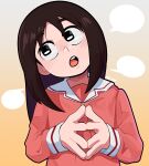  1girl absurdres artist_name averting_eyes azumanga_daioh azumanga_daioh&#039;s_school_uniform black_eyes blush brown_hair commentary delatoid english_commentary gradient_background head_tilt highres kasuga_ayumu long_sleeves looking_to_the_side looking_up medium_hair nose_blush open_mouth own_hands_together pink_serafuku round_teeth sailor_collar school_uniform serafuku signature solo speech_bubble steepled_fingers talking teeth upper_body upper_teeth_only white_sailor_collar winter_uniform yellow_background 