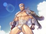  1boy abs ass_visible_through_thighs bara bare_pectorals beard blurry bokeh bulge clenched_hands cowboy_shot depth_of_field facial_hair full_beard fundoshi granblue_fantasy granblue_fantasy_versus highres jacket jacket_on_shoulders japanese_clothes large_pectorals male_focus mature_male midriff_sarashi muscular muscular_male mustache navel nipples no_shirt old old_man pectorals sarashi smile solo soriz standing thick_beard thick_eyebrows thick_thighs thighs ya_su_yu_ki 