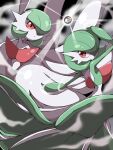  absurdres arm_up bob_cut colored_skin dress gardevoir green_hair hair_over_one_eye highres mega_gardevoir mega_pokemon mega_stone multicolored_skin pink_eyes pokemon pokemon_(creature) shabana_may two-tone_skin white_dress white_skin 