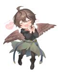 1boy :d aged_down ahoge belt black_hoodie blue_belt brown_hair brown_wings cape chibi commentary_request dated endend_(shinia) english_commentary facing_viewer feathered_wings full_body granblue_fantasy green_cape hair_between_eyes heart heart_hands high_heels hood hood_down hoodie male_focus messy_hair mixed-language_commentary sandalphon_(granblue_fantasy) short_hair smile solo translation_request white_background wings 