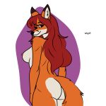 anthro areola biped black_nose breasts butt canid canine female female_anthro flat_colors fluffy fluffy_tail fox fur hair hi_res long_hair looking_at_viewer mammal markings nipples orange_body orange_fur pink_areola pink_nipples purple_eyes rear_view red_hair simple_background solo tail vector wavy_hair white_markings wide_hips woof!