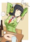  1girl absurdres armpits black_hair blunt_bangs blush border bottle breasts brown_background chopsticks closed_eyes closed_mouth collared_shirt commentary cup detached_sleeves drinking_glass empty_plate ennui_orz green_jacket green_sleeves headphones highres jacket kyoumachi_seika lapels large_breasts long_sleeves mug necktie on_chair out_of_frame outside_border red_necktie sake_bottle shirt short_hair shot_glass simple_background sitting sleeveless sleeveless_jacket sleeveless_shirt smile solo spoken_blush squeans stretching table upper_body voiceroid white_border 