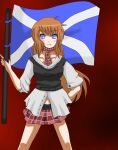  artist_request blue_eyes breasts brown_hair flag necktie non-web_source pleated_skirt scotland scotland_flag skirt solo 