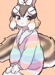  1girl absurdres animal_ears brown_eyes brown_hair chipmunk_ears chipmunk_girl chipmunk_tail extra_ears highres kanmoku-san kemono_friends looking_at_viewer multicolored_hair pajamas pink_background ribbon short_hair shorts siberian_chipmunk_(kemono_friends) simple_background solo tail two-tone_hair white_hair 