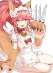  :3 :d animal_ears apron bangs bell bell_collar blush bow breasts cat_hair_ornament cleavage collar eyebrows_visible_through_hair fangs fate/grand_order fate_(series) fox_ears fox_girl fox_tail frilled_apron frills hair_between_eyes hair_flaps hair_ornament holding holding_knife jingle_bell knife knives_between_fingers large_bow long_hair looking_at_viewer medium_breasts naked_apron open_mouth paws pink_hair red_bow shovelwell simple_background sitting smile solo tail tamamo_(fate)_(all) tamamo_cat_(fate) v-shaped_eyebrows white_background yellow_eyes yokozuwari 