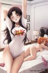  2girls arm_behind_head arm_up ass black_hair bra breasts buster_shirt commentary_request completely_nude desk_lamp fate/grand_order fate_(series) fujimaru_ritsuka_(female) highres indoors ishtar_(fate) lamp large_breasts long_hair looking_at_viewer lying multiple_girls naked_shirt nude on_bed on_stomach one_eye_closed open_mouth paid_reward_available panties pink_bra pink_panties red_eyes shirt sideboob sleeping small_breasts standing stretching twitter_username underwear unworn_bra unworn_panties waking_up xkzan yuri 