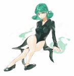  1girl :t bare_legs black_footwear black_shirt breasts bright_pupils closed_mouth collared_shirt crossed_legs curly_hair flats full_body green_eyes green_hair highres legs long_sleeves looking_at_viewer medium_hair oftooon one-punch_man shirt simple_background sitting small_breasts solo tatsumaki thighs white_background white_pupils 