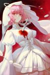  1girl beads blood blood_on_clothes breasts dagger dress gem highres impaled juliet_sleeves knife long_sleeves looking_at_viewer original parted_lips pink_eyes pink_hair puffy_sleeves red_background red_eyes red_gemstone sannanani short_hair smile solo veil weapon white_dress white_veil 