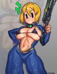  1girl bikini bikini_top_only black_bikini black_eyes blonde_hair blue_jumpsuit breasts closed_mouth collar cowboy_shot emphasis_lines english_commentary fallout_(series) fallout_4 grey_background gun highres holding holding_gun holding_weapon jumpsuit large_breasts lasgun looking_at_viewer micro_bikini navel short_hair smile solo stomach sweat swimsuit vault_girl vault_suit waa153 weapon zoom_layer 