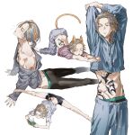  1boy absurdres animal_ears arms_up back_tattoo bangs_pinned_back black_pants blonde_hair blue_hoodie blue_pants book cat_ears cat_tail chamuring chest_tattoo cropped_hoodie dolphin_shorts from_above from_side full_body grey_pants grey_sweater haitani_rindou hands_on_floor highres holding holding_book hood hoodie leaning_forward long_sleeves lying male_focus medium_hair multicolored_hair multiple_views on_stomach pants parted_lips purple_eyes shirt short_ponytail short_sleeves shorts simple_background single_bare_shoulder solo spread_legs stomach_tattoo streaked_hair stretching sweater sweatpants tail tattoo tokyo_revengers top-down_bottom-up upper_body white_shirt 