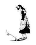  1girl apron benihana_(suzushiro333) black_hair closed_eyes frilled_apron frilled_skirt frills highres long_hair looking_down maid maid_apron maid_headdress original shoes skateboard skateboarding skirt sneakers solo suzushiro_(suzushiro333) white_background 