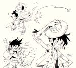  1boy angry artist_name black_hair commentary english_commentary full_body greyscale hat highres looking_at_viewer male_focus monkey_d._luffy monochrome one_piece quiko_art sandals scar scar_on_face short_hair simple_background smile straw_hat toon_(style) white_background 