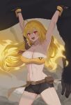  1girl ahoge armpits arms_up belt black_shorts blonde_hair breasts brown_belt cleavage commentary highres holding large_breasts long_hair looking_at_viewer midriff monster navel open_mouth red_eyes revision rwby shorts solo stomach teeth torn_clothes torn_shorts upper_teeth_only wangxiii yang_xiao_long 