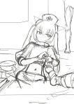  1girl 2others :&lt; bandages bowl chrome_(mon-musu_quest!) closed_mouth commentary_request crop_top cross feet gloves greyscale hair_between_eyes hat highres horns long_hair looking_to_the_side midriff mon-musu_quest! monochrome multiple_others navel nurse_cap operating_table puffy_short_sleeves puffy_sleeves red_cross ringed_eyes shirt short_sleeves shorts sketch solo_focus surgical_scissors suspender_shorts suspenders table toes twintails un_do v-shaped_eyebrows very_long_hair wrapping 