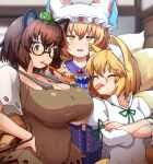  3girls :p anger_vein angry animal_ear_headwear animal_ears annoyed blonde_hair blue_tabard blush breasts brown_eyes brown_hair brown_shirt cleavage closed_eyes commentary_request covered_navel crossed_arms false_smile fox_ears fox_girl fox_tail frown futatsuiwa_mamizou gem glasses gourd hair_between_eyes hand_up hands_on_own_hips hat holding holding_smoking_pipe huge_breasts kitsune kudamaki_tsukasa large_breasts leaf leaf_on_head light_smile looking_at_another looking_back looking_up medium_hair multiple_girls multiple_tails naughty_face parted_lips peso_(cheese_company) raccoon_ears raccoon_girl raccoon_tail red_gemstone shirt small_breasts smile smoking_pipe tabard tail tongue tongue_out touhou unamused upper_body white_romper yakumo_ran yellow_eyes 