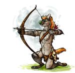  anthro bow_(weapon) clothing fur hair hyena kneeling loincloth male mammal melthecannibal navel ranged_weapon solo teeth weapon 
