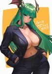  1girl absurdres ap_cammy black_coat black_pants blunt_bangs breasts coat cowboy_shot green_eyes green_hair hands_in_pockets head_wings highres long_hair looking_at_viewer morrigan_aensland naked_coat navel open_clothes open_coat pants smile solo vampire_(game) wings 