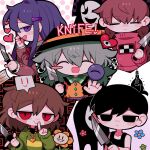  1boy 4girls absurdres black_hair black_hat blue_hair blush brown_hair chara_(undertale) chibi closed_eyes collar doki_doki_literature_club drooling english_text finger_to_mouth flowey_(undertale) frilled_collar frilled_sleeves frills green_hair highres holding holding_knife index_finger_raised knife komeiji_koishi light_bulb looking_ahead looking_at_viewer madotsuki mouth_drool multiple_girls omori open_mouth red_hair ribbon shirt smile third_eye touhou undertale w.d._gaster yellow_ribbon yellow_shirt yume_nikki yuri_(doki_doki_literature_club) zunusama 