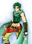  1boy brown_footwear dagger fingerless_gloves fire_emblem fire_emblem:_radiant_dawn gloves green_hair green_pants green_scarf green_vest holding holding_dagger holding_knife holding_weapon knife looking_at_viewer pants purutoppu_(toranohige) scarf shirt sleeveless sleeveless_shirt solo sothe_(fire_emblem) vest weapon yellow_eyes 