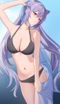  1girl absurdres arm_up bikini black_bikini blue_background blue_sarong blush breasts cleavage commentary_request genshin_impact gradient_background hair_between_eyes highres keqing_(genshin_impact) long_hair medium_breasts navel parted_lips pharmarr purple_eyes purple_hair sarong see-through_sarong sidelocks simple_background solo standing swimsuit twintails very_long_hair 