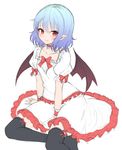  alternate_costume arm_support bat_wings between_legs black_legwear blue_hair blush bow bowtie collarbone dress frills full_body hand_between_legs head_tilt junior27016 looking_at_viewer no_shoes pointy_ears puffy_short_sleeves puffy_sleeves red_bow red_eyes red_neckwear remilia_scarlet ribbon short_hair short_sleeves simple_background sitting smile solo thighhighs touhou white_background white_dress wings wrist_cuffs yokozuwari zettai_ryouiki 