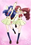  2girls arm_behind_back arm_up black_socks blue_hair bow bowtie brown_footwear buttons closed_mouth collared_dress commentary_request dress drill_hair floral_background flower full_body hair_flower hair_ornament hanasaki_tsubomi heartcatch_precure! kneehighs knees kurumi_erika leg_up light_blush long_hair long_sleeves low_twintails multiple_girls myoudou_gakuen_middle_school_uniform one_eye_closed open_mouth parted_bangs pink_background pink_eyes pink_hair pleated_skirt precure red_bow red_bowtie sailor_collar school_uniform shoes short_dress sidelocks simple_background skirt smile socks stretching twin_drills twintails uwabaki very_long_hair wavy_hair white_sailor_collar xxsaakoxx yellow_dress yellow_flower yellow_sleeves 