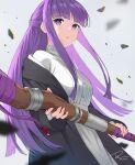  1girl absurdres black_robe blunt_bangs blunt_ends collar commentary dai_(tdaitw) dated debris dress fern_(sousou_no_frieren) frilled_collar frills grey_background hair_ornament hands_up high_collar highres holding holding_wand long_hair looking_at_viewer off_shoulder open_mouth purple_eyes purple_hair purple_ribbon ribbon robe sidelocks signature simple_background solo sousou_no_frieren upper_body wand white_dress 