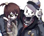  1boy 1other androgynous brown_hair chara_(undertale) hood hoodie open_mouth papyrus_(undertale) short_hair shousan_(hno3syo) skeleton smile source_request undertale 