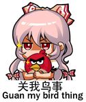  angry_birds bow chibi chinese engrish eyebrows fujiwara_no_mokou hair_bow hair_ribbon hug jitome long_hair lowres meme multi-tied_hair ranguage red_(angry_birds) red_eyes ribbon shangguan_feiying shirt sparkle touhou translated white_hair 