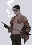  1boy abs arm_tattoo belt black_belt black_gloves black_pants chain_necklace chest_tattoo cigarette collarbone eyepatch facial_hair forehead gloves goatee gold_jacket gold_necklace grey_background holding holding_sword holding_weapon jacket jewelry katana looking_at_object looking_down majima_goro male_focus mayya82 muscular muscular_male necklace obliques one_eye_covered open_clothes open_jacket pants pectorals ryuu_ga_gotoku_(series) ryuu_ga_gotoku_1 short_hair shoulder_tattoo single_bare_shoulder single_off_shoulder smoke smoke_trail smoking snake_tattoo solo sword tattoo weapon 