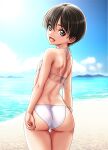  1girl :d arms_at_sides back bare_arms bare_shoulders beach bikini black_hair blue_sky brown_eyes cloud cowboy_shot day fang flat_chest from_behind halterneck highres light_blush looking_at_viewer looking_back ocean one-piece_tan open_mouth original osuzu_akiomi outdoors short_hair sky smile solo standing string_bikini swimsuit tan tanlines thigh_gap tomboy tongue twisted_torso very_short_hair white_bikini 
