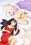  artoria_pendragon_(all) bad_id bad_yandere_id barefoot bed_sheet black_bow black_hair blonde_hair blue_eyes blue_ribbon bow breasts cleavage collarbone dress fate/stay_night fate_(series) from_above green_eyes hair_bow hair_ribbon highres illyasviel_von_einzbern long_hair looking_at_viewer lying medium_breasts multiple_girls on_back on_side parted_lips purple_dress red_dress red_eyes ribbon saber sideboob sidelocks silver_hair sleeveless sleeveless_dress toosaka_rin two_side_up white_dress 