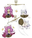  absurdres animal_ear_fluff animalization aura_(sousou_no_frieren) cat eye_contact frieren grey_hair highres j_humbo long_hair looking_at_another no_humans purple_hair sousou_no_frieren weighing_scale 