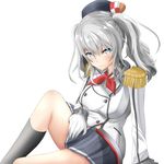  arm_support epaulettes gloves highres kantai_collection kashima_(kantai_collection) kneehighs lace-trimmed_sleeves looking_at_viewer silver_hair skirt smile solo suisen-21 thighs white_background white_gloves 