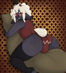 absurd_res anthro bedroom_eyes big_butt biped blush bottomless bovid bulge butt butt_focus caprine clothed clothing collar colored cult_of_the_lamb digital_drawing_(artwork) digital_media_(artwork) domestic_sheep fur girly glowing hair headgear hi_res horn lamb_(cult_of_the_lamb) legwear leotard looking_at_viewer male male_anthro mammal massive_monster_(studio) narrowed_eyes neptunebunny pattern_background pattern_clothing pillow pillow_grab pillow_hug raised_tail red_crown_(cult_of_the_lamb) red_eyes seductive shaded sheep simple_background smile solo tail thick_thighs thigh_highs topwear white_body white_fur wool_(fur)
