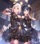  2girls bare_shoulders black_bow black_dress black_gloves black_ribbon blue_eyes blue_hair bow breasts cleavage colored_inner_hair commentary diagonal_bangs dollchestra dress dress_bow dress_flower earrings elbow_gloves flower flower_hairband foreshortening frilled_dress frilled_hairband frills gloves hair_flower hair_ornament hair_ribbon hairband high_ceiling highres indoors jewelry light_smile link!_like!_love_live! long_hair looking_at_another looking_at_viewer looking_to_the_side love_live! low_twintails multicolored_hair multiple_girls murano_sayaka reaching reaching_towards_viewer red_eyes red_hair ribbon rose see-through see-through_cleavage short_dress short_hair single_elbow_glove sleeveless sleeveless_dress small_breasts smile sparkly_spot_(love_live!) ssyunn stage_lights swept_bangs twintails white_flower white_rose yugiri_tsuzuri 