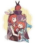  1boy 2girls :d ^_^ animal_ears border brother_and_sister cape closed_eyes fake_animal_ears fire_emblem fire_emblem:_mystery_of_the_emblem fire_emblem_heroes flag haconeri holding holding_flag long_hair maria_(fire_emblem) maria_(spring)_(fire_emblem) medium_hair michalis_(fire_emblem) michalis_(spring)_(fire_emblem) minerva_(fire_emblem) minerva_(spring)_(fire_emblem) multiple_girls official_alternate_costume open_mouth outside_border purple_cape rabbit_ears red_eyes red_hair siblings sisters smile white_border yellow_background 