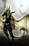  2014 4_toes anthro day digital_media_(artwork) digitigrade dragon green_eyes holding_object holding_weapon horn membranous_wings natoli outside smile solo standing toes weapon wings 