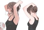  1girl arms_up bang_dream! bare_arms black_tank_top blush breasts brown_hair cleavage commentary_request cup disposable_cup fresa_pie grey_eyes hair_bun hair_ornament hairclip medium_breasts medium_hair neck_blush okusawa_misaki simple_background solo sweat tank_top tying_hair upper_body white_background 