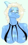 2024 anthro areola big_areola big_breasts blonde_hair blue_body blue_eyes blue_scales breasts cavemanon_studios clothing digital_drawing_(artwork) digital_media_(artwork) dinosaur eyelashes eyewear fan_character female fishnet_clothing fishnet_topwear glasses hadrosaurid hair hi_res looking_at_viewer multicolored_body multicolored_scales nipples nuar_come_mundos ornithischian ornithopod parasaurolophus reptile scales scalie simple_background smile snoot_game snout solo topwear two_tone_body two_tone_scales zephyr_(op_gero)