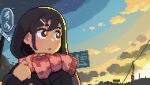  1girl :o animated animated_png black_coat black_hair blinking breath breathing cloud coat dusk gradient_sky hair_ornament hairclip looping_animation original oyuzaki_(ayuzaki) pink_scarf pixel_art power_lines road_sign scarf sidelighting sign sky solo star_(sky) starry_sky sunset winter_clothes winter_coat 