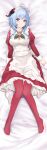  1girl 2021 absurdres ahoge alternate_costume apron arms_at_sides bed_sheet bell blue_hair breasts christmas cleavage closed_mouth commentary_request cowbell curled_horns dakimakura_(medium) dated_commentary dress enmaided feet frilled_apron frilled_dress frills full_body ganyu_(genshin_impact) genshin_impact gibun_(sozoshu) goat_horns grey_dress highres horns juliet_sleeves knees_together_feet_apart large_breasts legs long_hair long_sleeves looking_at_viewer lying maid maid_apron maid_headdress mistletoe neck_bell no_shoes on_back on_bed pantyhose puffy_sleeves purple_eyes red_dress red_pantyhose solo toes white_apron 