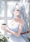  1girl alternate_costume braid breasts casual cleavage coffee_mug collarbone commentary_request cup curtains genshin_impact green_eyes hair_over_one_eye highres holding holding_cup indoors large_breasts long_hair looking_at_viewer low-tied_long_hair luz0207 mug parted_bangs parted_lips shenhe_(genshin_impact) sidelocks single_braid solo spaghetti_strap white_hair window 