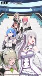  6+girls ade_(nikke) apron breasts cleavage cocoa_(nikke) commentary_request crossover emilia_(re:zero) flower glasses goddess_of_victory:_nikke hair_flower hair_ornament hair_ribbon highres large_breasts long_hair long_sleeves looking_at_viewer maid maid_headdress multiple_girls official_art pointy_ears purple_eyes ram_(re:zero) re:zero_kara_hajimeru_isekai_seikatsu rem_(re:zero) ribbon soda_(nikke) x_hair_ornament 