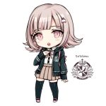  :o black_jacket black_thighhighs blush brown_skirt character_name chibi danganronpa_(series) flipped_hair hair_ornament hairclip hand_on_own_chest hand_up heart hood hooded_jacket jacket light_brown_hair long_sleeves looking_at_viewer lowres medium_hair momoko_(momopoco) nanami_chiaki open_mouth pink_bag pink_footwear pink_ribbon pleated_skirt red_eyes ribbon shirt simple_background skirt teeth thighhighs upper_teeth_only white_background white_shirt 