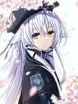  1girl altina_orion beret blurry blurry_background capelet cherry_blossoms double-parted_bangs eiyuu_densetsu falling_petals flower green_eyes hair_between_eyes hat long_hair looking_at_viewer natsusechoco petals portrait school_uniform sen_no_kiseki sen_no_kiseki_iii sidelocks solo thors_military_academy_branch_campus_uniform uniform upper_body white_hair 