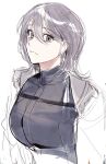  1girl black_shirt chest_strap chief_(path_to_nowhere) closed_mouth coat coat_on_shoulders commentary female_chief_(path_to_nowhere) fresa_pie grey_coat grey_eyes grey_hair highres long_hair looking_at_viewer path_to_nowhere shirt simple_background solo upper_body white_background 