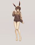  1girl absurdres animal_ears breasts brown_hair brown_hoodie commission corruption full_body grey_background hand_on_own_chest highres hood hoodie liquid looking_at_viewer medium_breasts original rabbit_ears rabbit_girl rabbit_tail shen_hai_ichigo short_hair solo standing tail variant_set yellow_eyes 